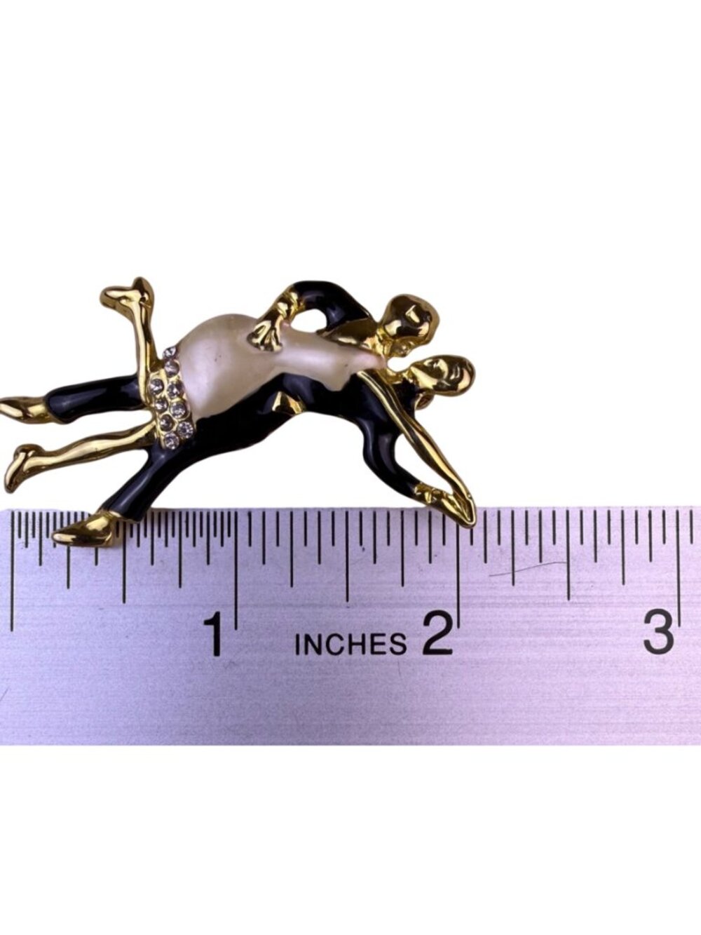 Vintage Unknown Gold Tone Enamel Dancing Couple Brooch Rhinestones image 3